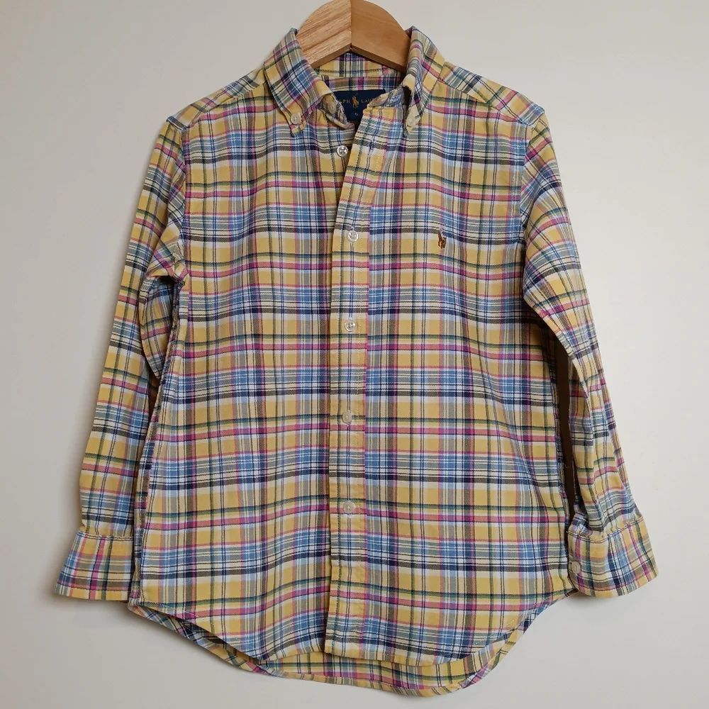 Kids Ralph Lauren Yellow Multi Plaid Cotton Oxford Shirt Size 6